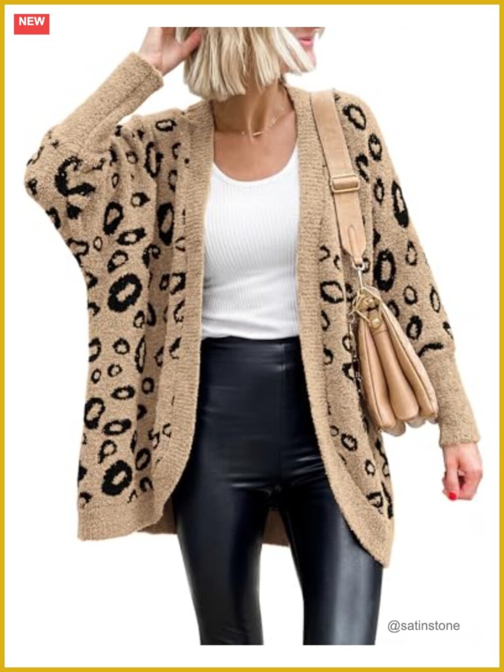 Women's Leopard Print Knit Cardigan Oversized Batwing Sleeve Open Front Fall